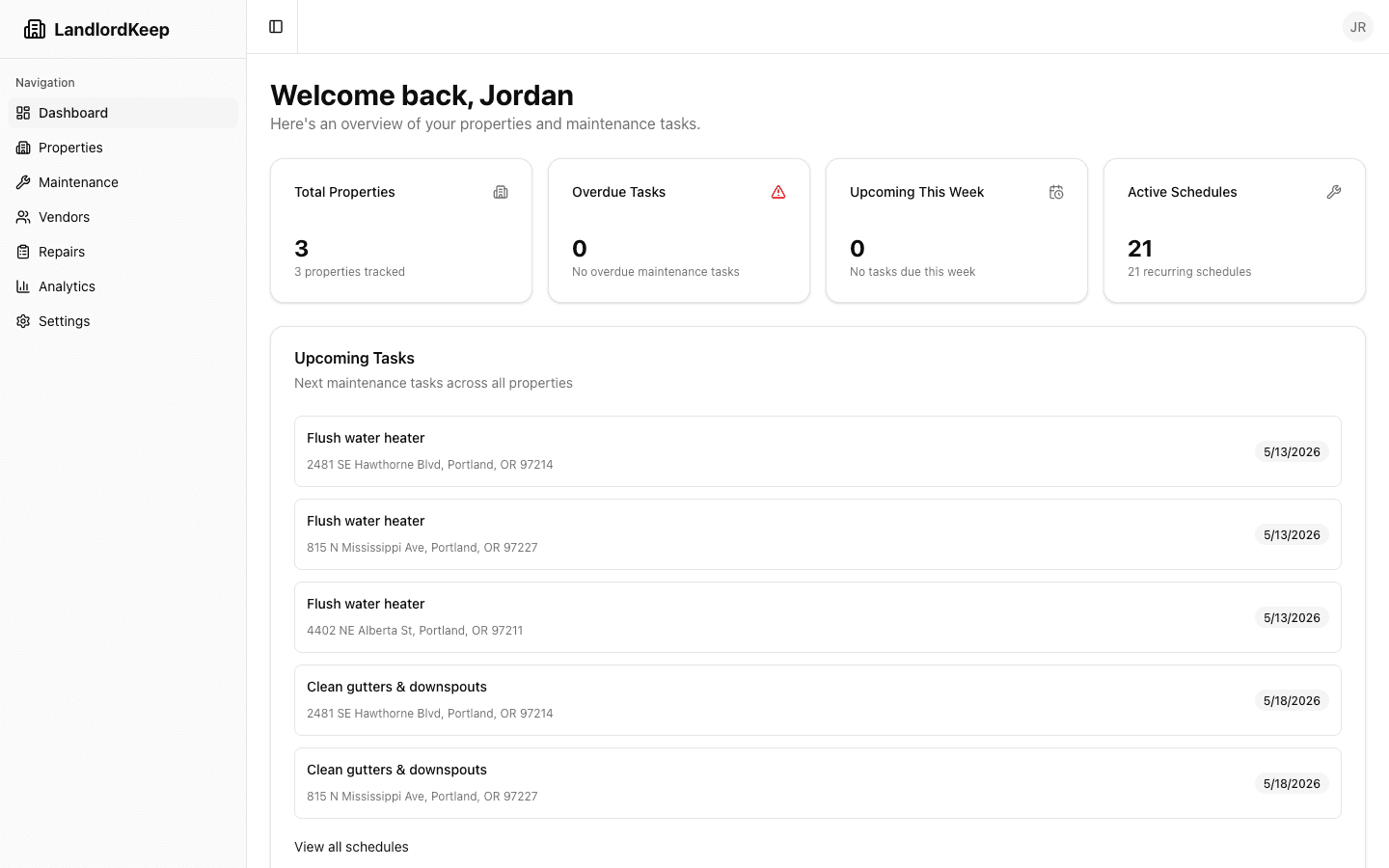 LandlordKeep dashboard showing upcoming maintenance tasks across 3 properties