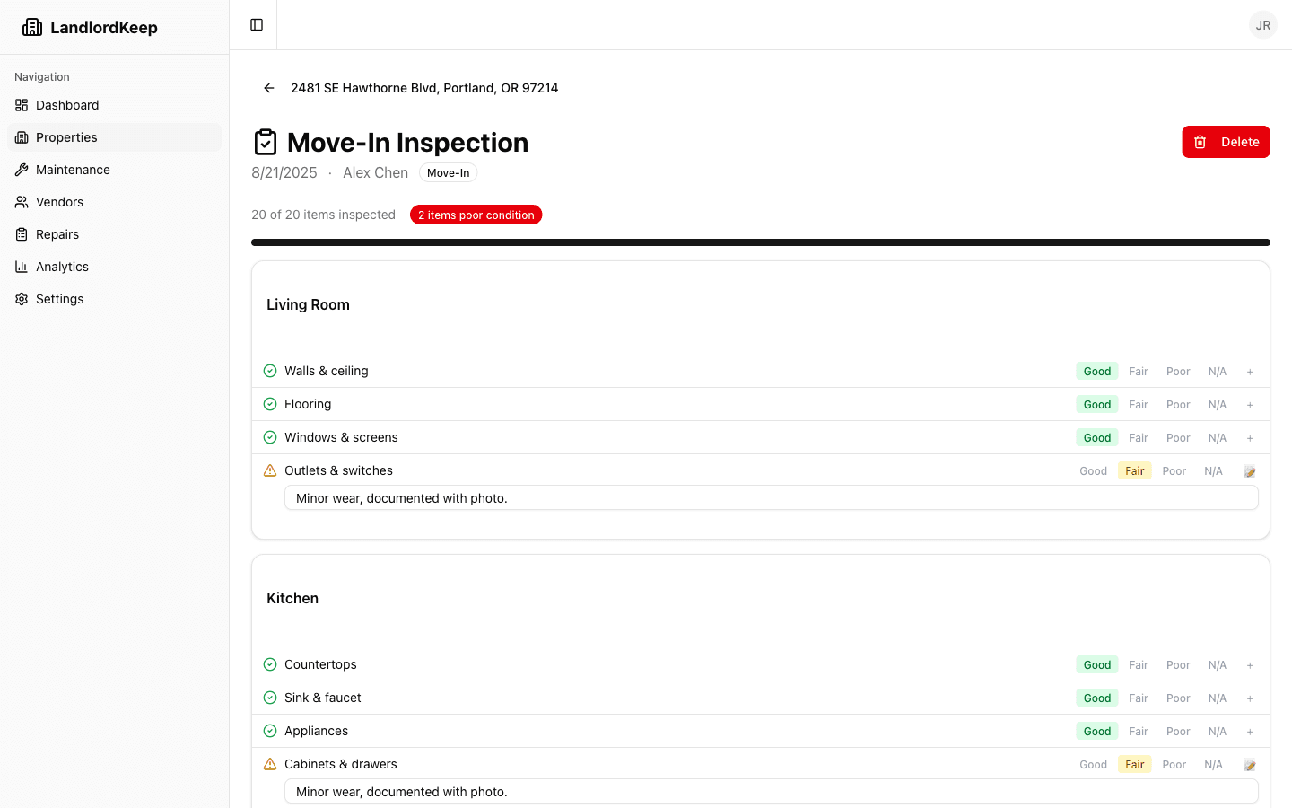 Move-in inspection checklist with rooms, items, condition ratings, and progress tracker