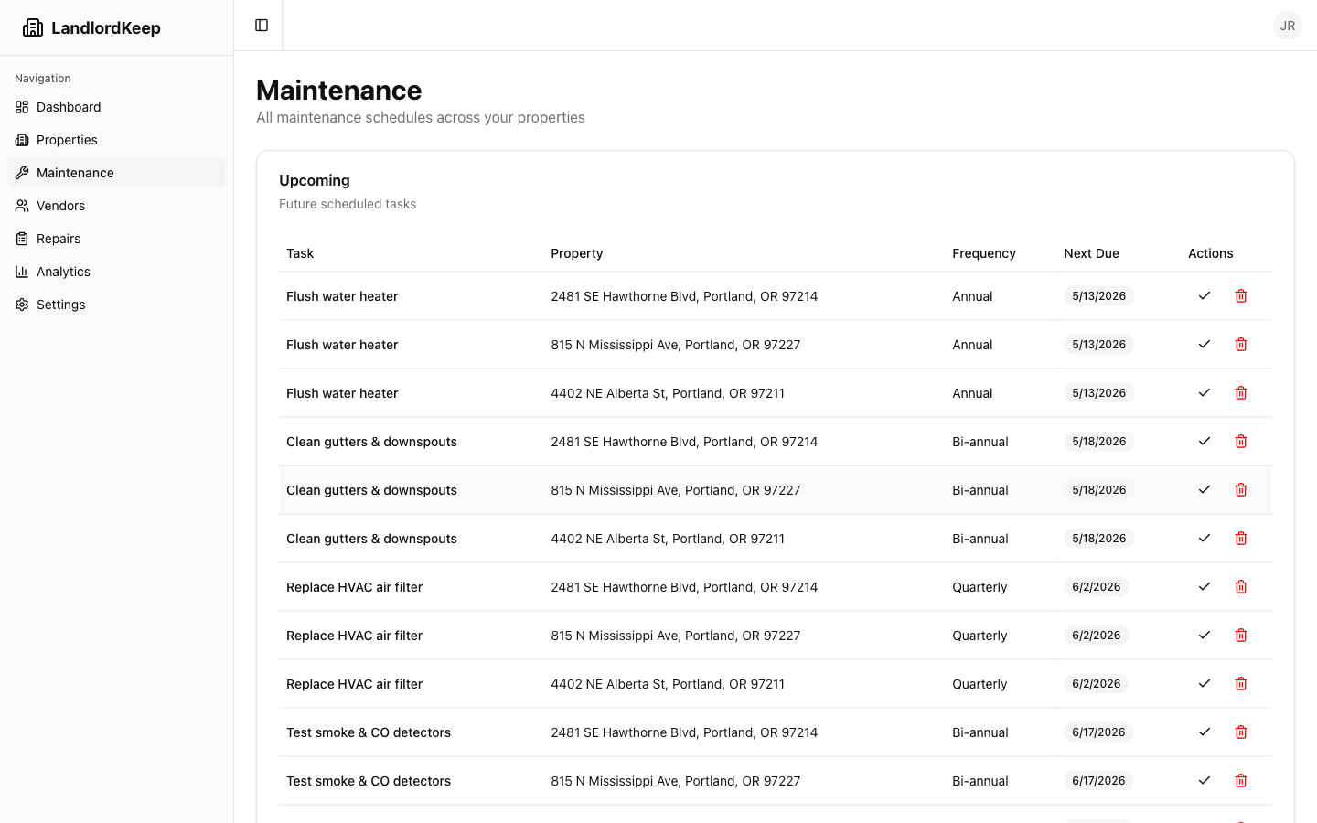 Maintenance schedule view listing upcoming HVAC, water heater, gutter, and smoke detector tasks across multiple properties