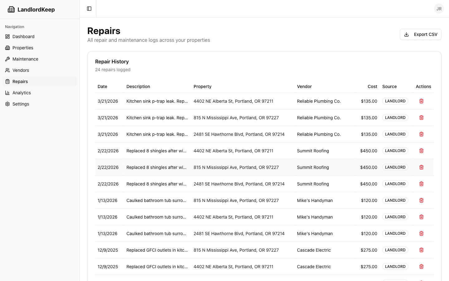 Repair log showing timestamped entries with vendor names, costs, and descriptions